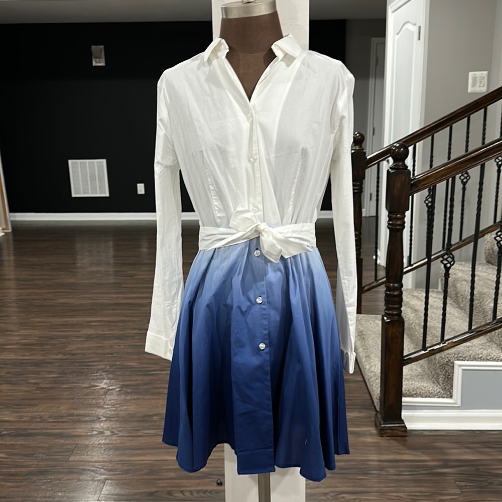 VENUS White and Blue Long Sleeve Dress